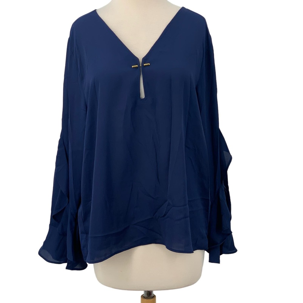 NWT Harve Benard Long Ruffled Sleeve Keyhole V-Neck Pullover Blouse Blue Size XL